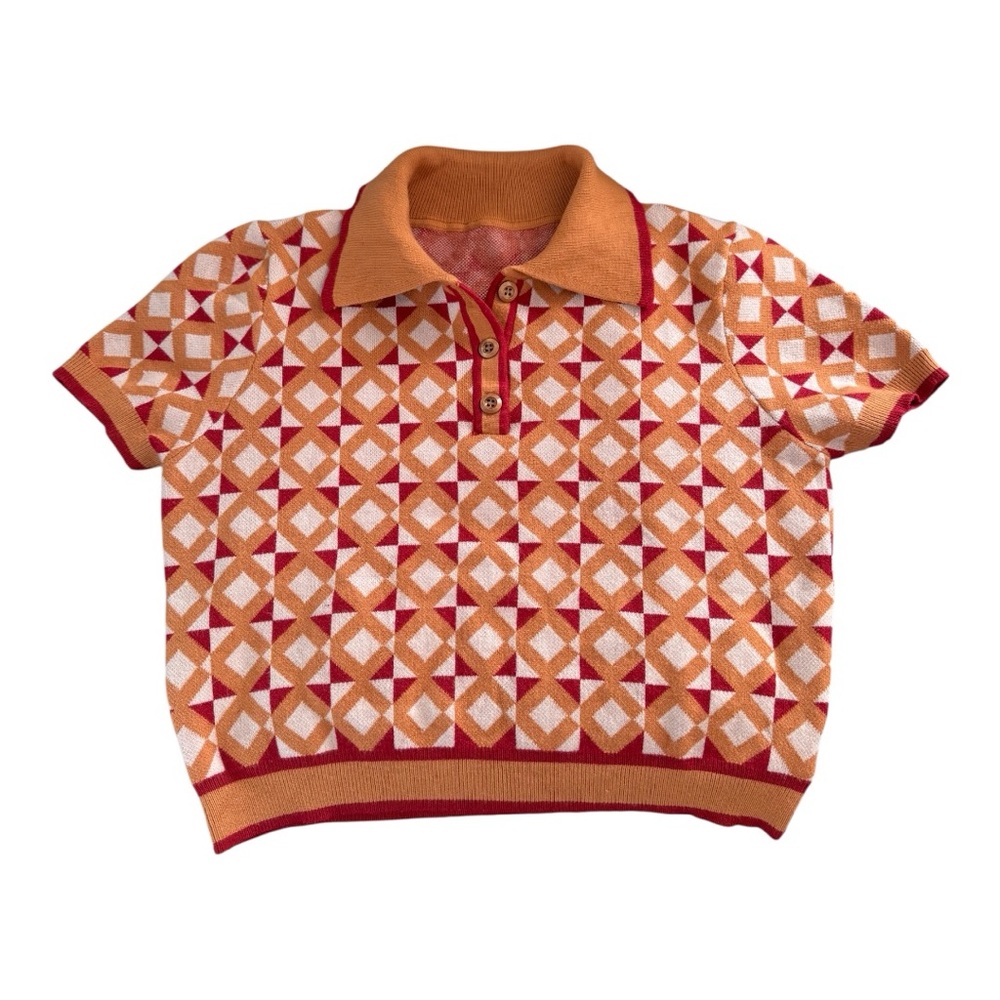 Cider Retro Knit Polo Shirt - Orange and Red Geometric Pattern
